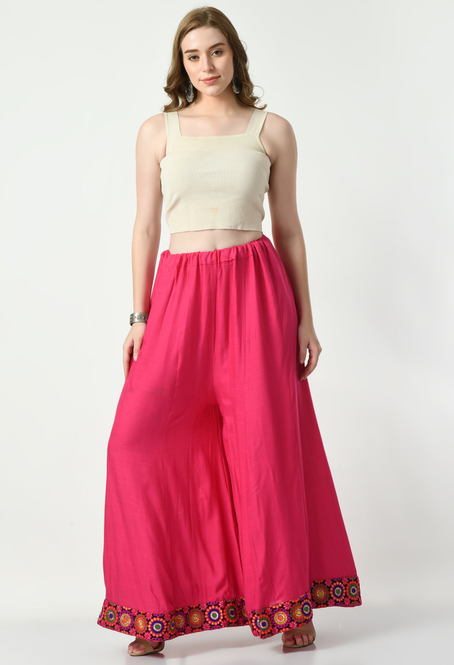 MAURYA Women Solid Rayon Palazzo with Elastic Waist & Lace Hem