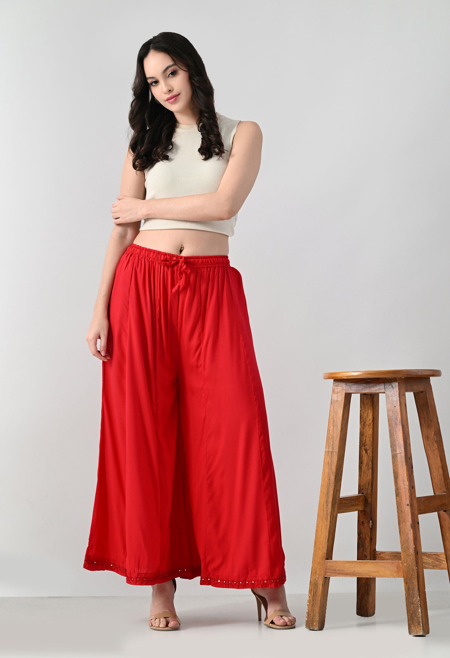 MAURYA Women Solid Rayon Palazzo with Elastic Waist & Lace Hem