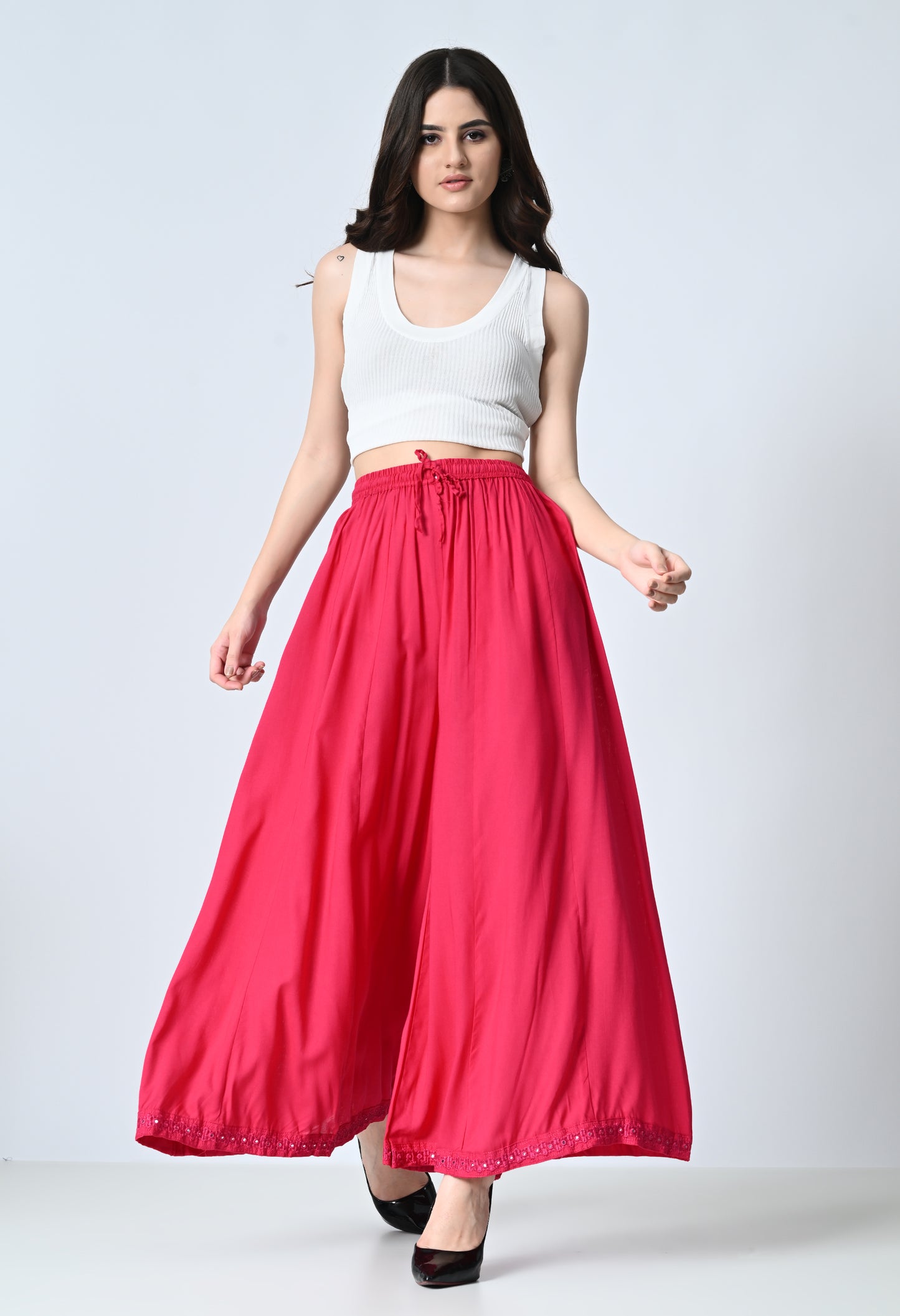 MAURYA Women Solid Rayon Palazzo with Elastic Waist & Lace Hem