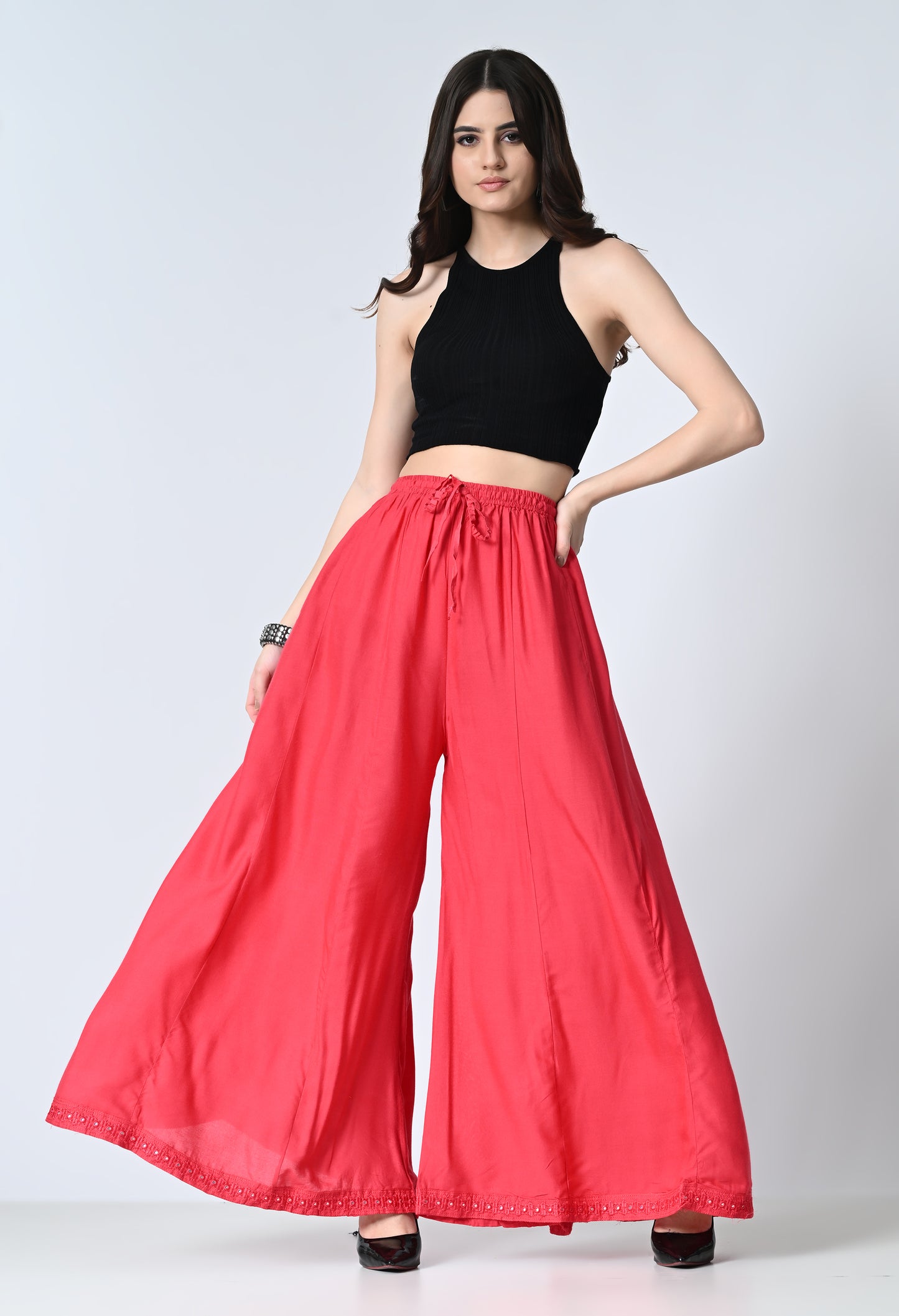 MAURYA Women Solid Rayon Palazzo with Elastic Waist & Lace Hem