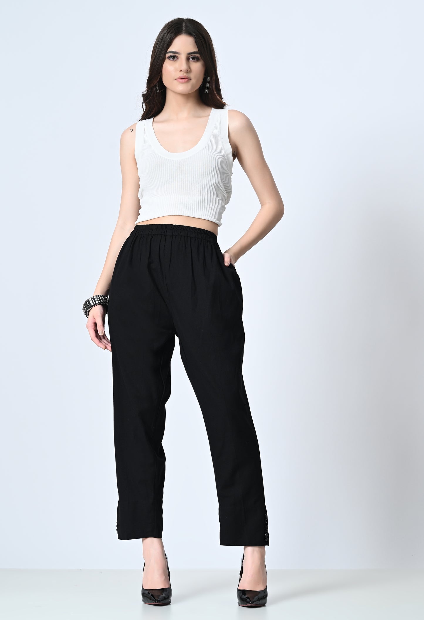 MAURYA Women’s Cotton Straight Fit Pants with Side Pockets & Button Detail
