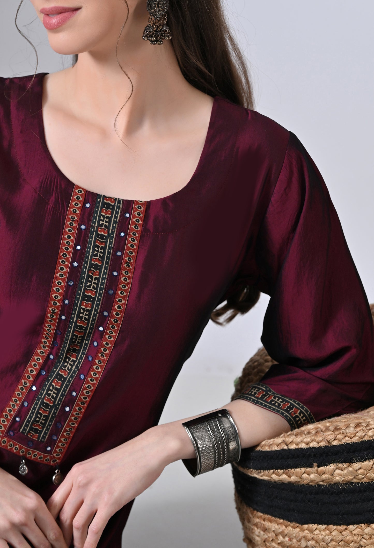 MAURYA Women’s Solid Silk Straight Kurti with Mirror Work Yoke